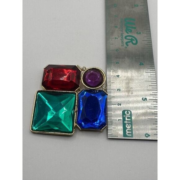 Vintage Gold Tone Rhinestone Brooch Pin W/ Red Green Blue & Purple Gemstones - Picture 4 of 5